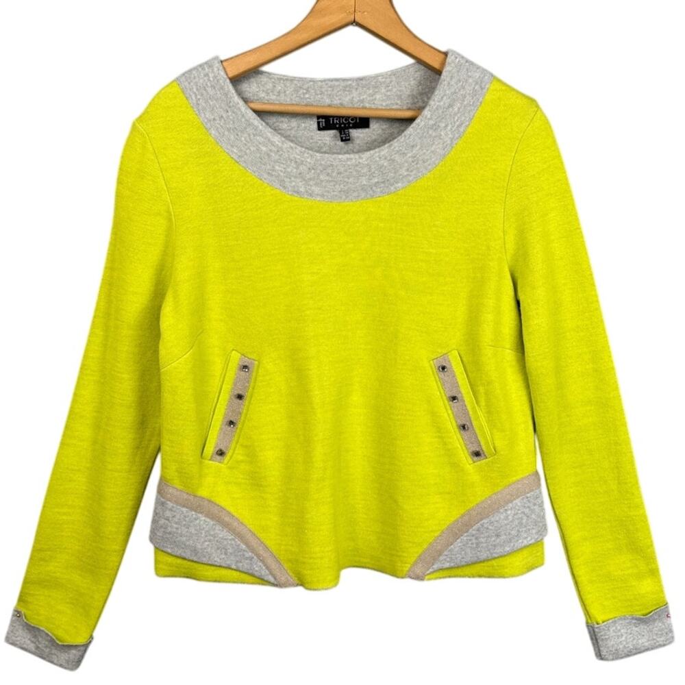 Tricot Wool Blend Sweater Italian Chartreuse Gray Sequins 4 Sport-Luxe Designer